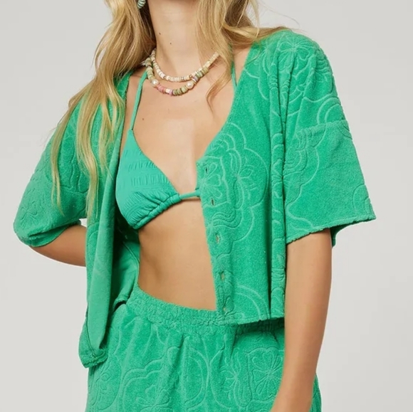 Moving Must Go! O'Neill Women's Cabana Tile Terry Cloth Top Kelly Green M - Picture 4 of 8